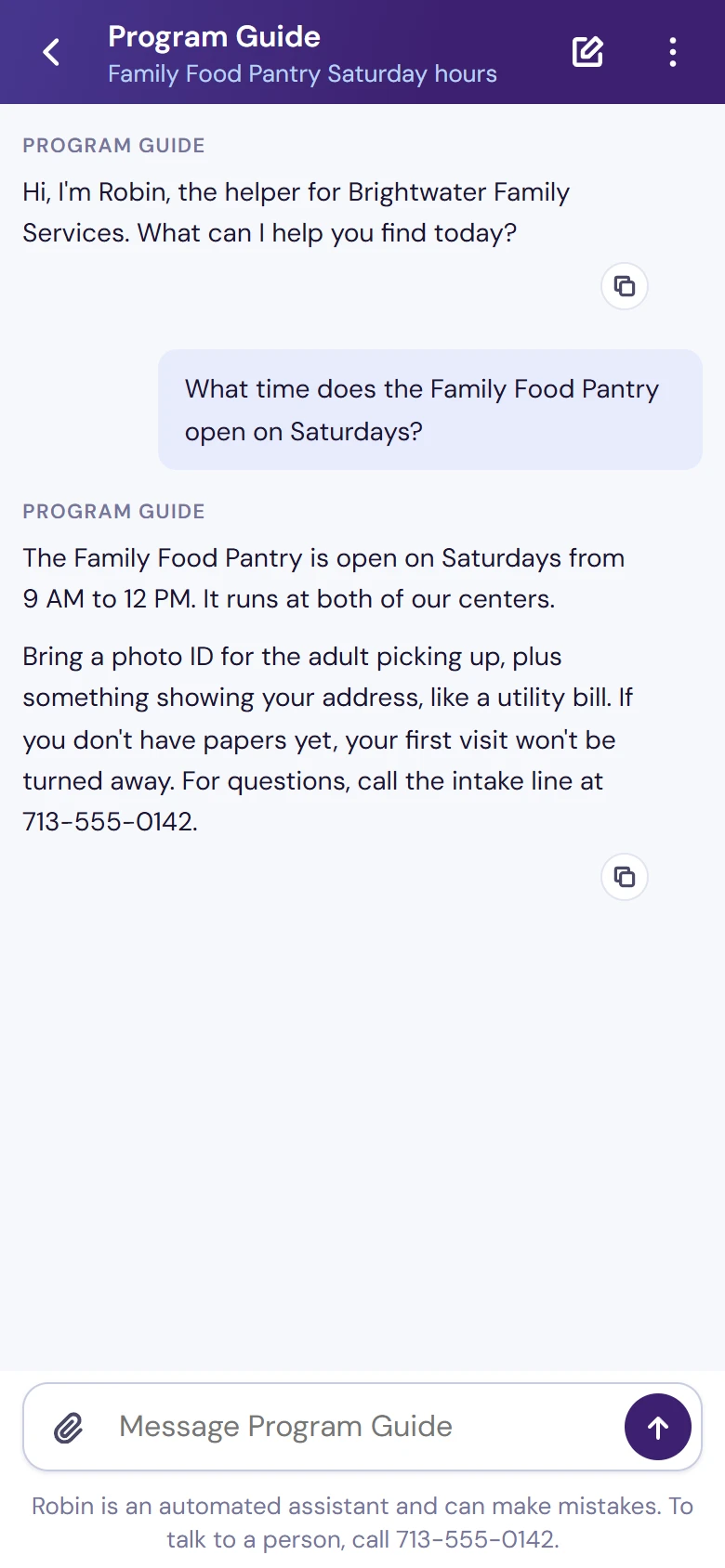 A conversation on a phone: Program Guide's greeting, the question What time does the Family Food Pantry open on Saturdays?, and its answer, above the message box and the agent's disclaimer